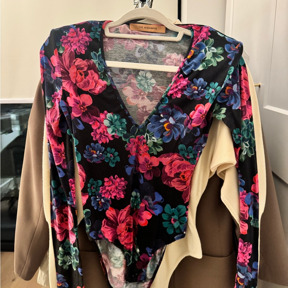 Floral V-Neck Bodysuit - Black and Pink